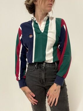 Ralph Lauren Green Red Navy Striped Rugby Polo